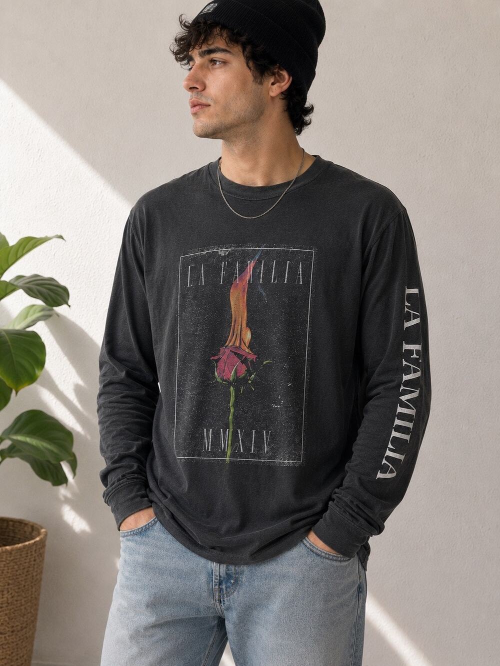 Familia Forever Flame Rose Graphic Long Sleeve Shirt Black M